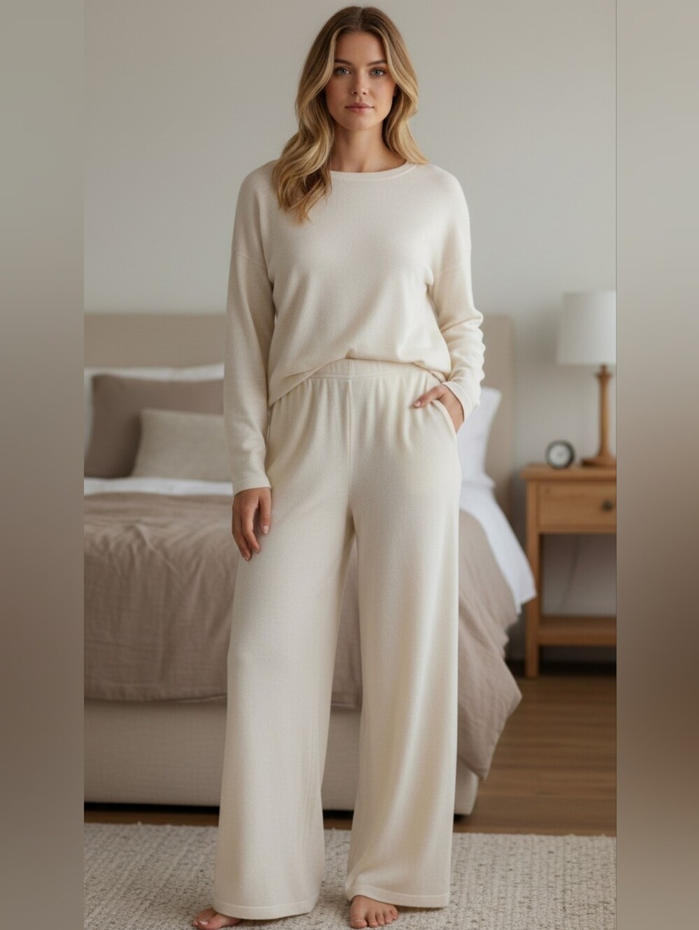 Frette Collection - Silk and Cashmere Wide Leg Pants in Cream Womens size Small